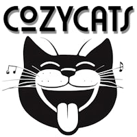 cozycats logo with a black cat and music notes